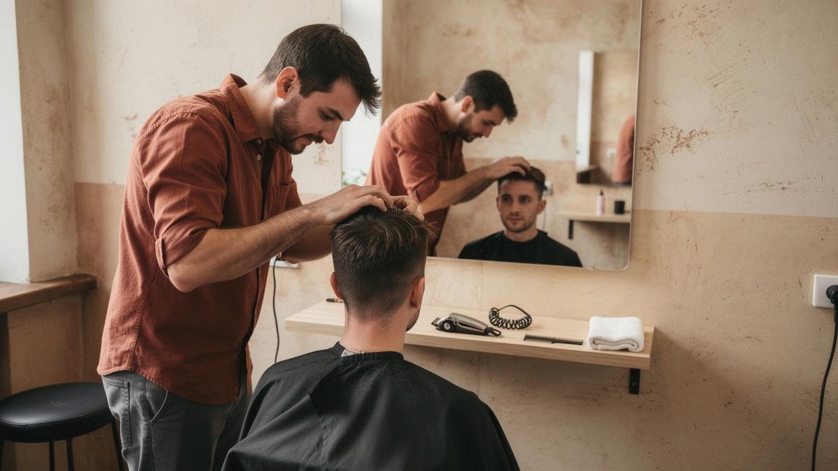 Barber adjusting a client's fringe in front of a studio mirror, clippers and comb on the shelf behind