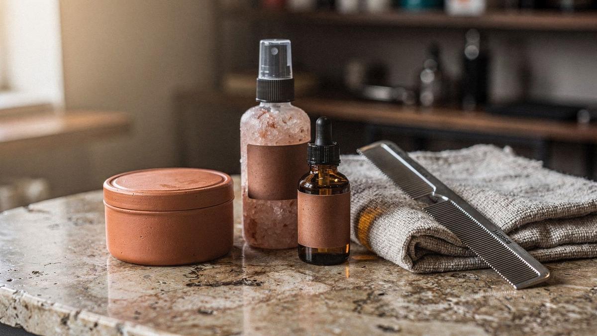 Matte clay tin, sea-salt spray and beard oil arranged on the studio counter
