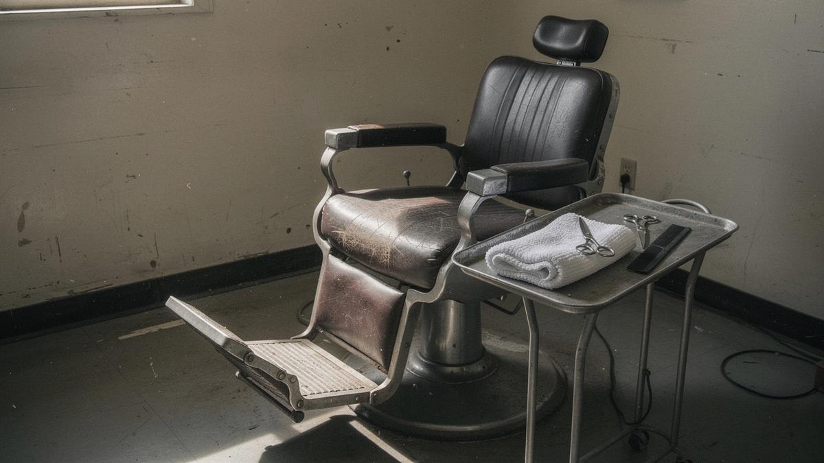 Barber chair and tool tray in the studio, ready for a revision appointment