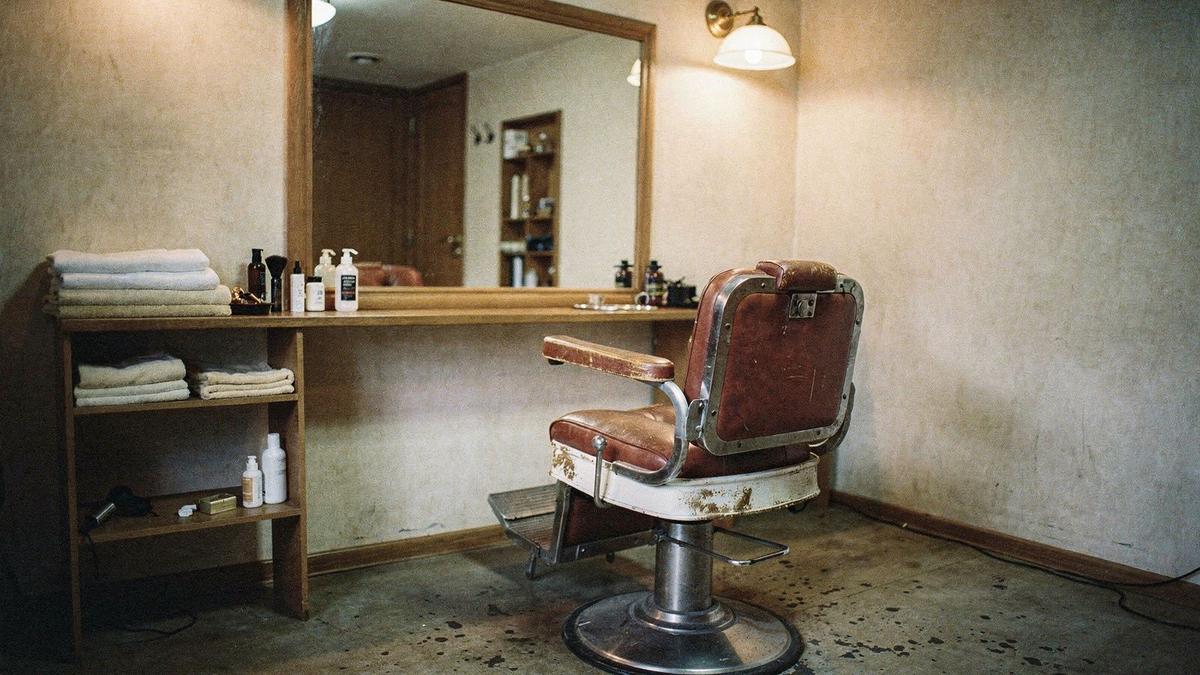 Barber chair and mirror wall inside the studio on Nyzhniy Val Street in Kyiv